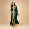 Front view of emerald green Moroccan caftan with gold embroidery