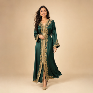 Front view of emerald green Moroccan caftan with gold embroidery