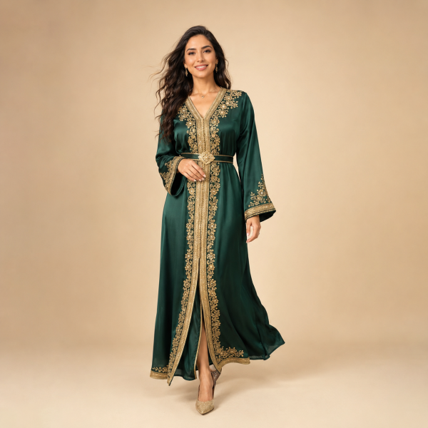 Front view of emerald green Moroccan caftan with gold embroidery