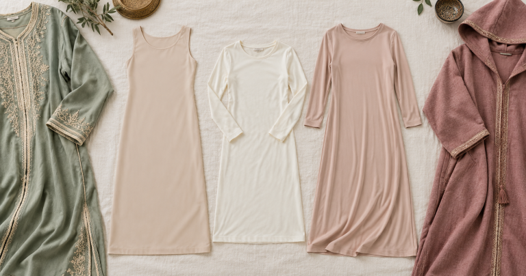 Three modest underlayer options arranged between a sage caftan and a dusty rose hooded djellaba