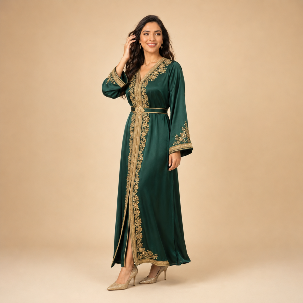Emerald green Moroccan caftan with gold embroidered neckline and cuffs