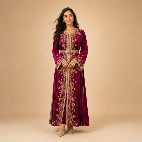 Front view of a deep magenta Moroccan caftan with gold floral detailing and a coordinating waist belt
