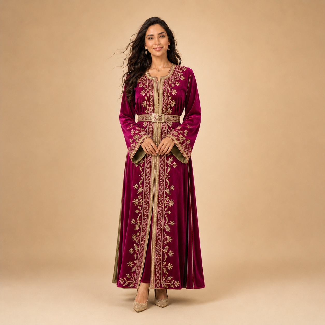 Deep magenta Moroccan caftan with gold floral detailing for an evening celebration