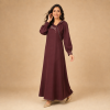 Back view of a burgundy Moroccan djellaba with a pointed hood, gathered sleeves and decorated cuffs