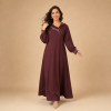 Back view of a burgundy Moroccan djellaba with a pointed hood, gathered sleeves and decorated cuffs