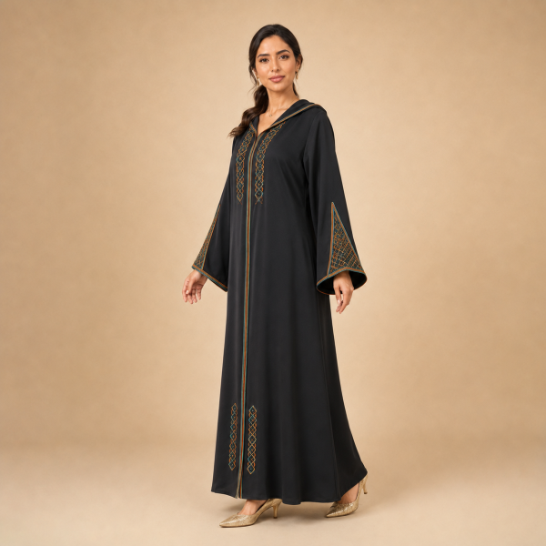 Back view of a black Moroccan djellaba with a pointed hood and triangular copper and teal sleeve panels