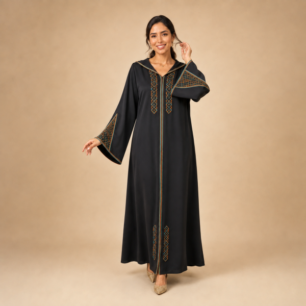 Front view of a black Moroccan djellaba with copper and teal geometric details and flared patterned sleeves