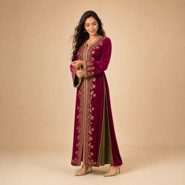Additional full-length view of the deep magenta Moroccan caftan showing its gold botanical decoration