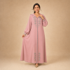 Front view of a dusty pink Moroccan djellaba with silver-grey fan leaf motifs and gathered sleeves