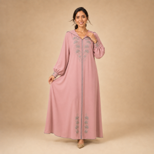 Front view of a dusty pink Moroccan djellaba with silver-grey fan leaf motifs and gathered sleeves