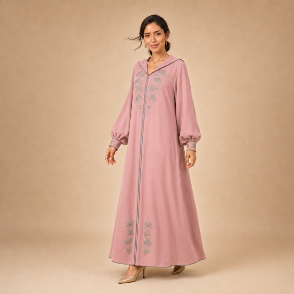 Back view of a dusty pink Moroccan djellaba with a pointed hood, grey edging and decorated cuffs