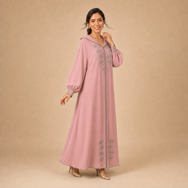 Back view of a dusty pink Moroccan djellaba with a pointed hood, grey edging and decorated cuffs