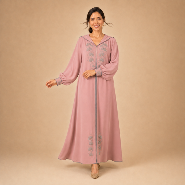 Back view of a dusty pink Moroccan djellaba with a pointed hood, grey edging and decorated cuffs