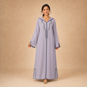 Front view of a lavender Moroccan djellaba with navy arch detailing and split sleeve openings