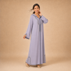 Back view of a lavender Moroccan djellaba with a pointed hood, navy edging and split sleeve ends