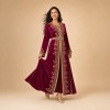 Additional view of the deep magenta Moroccan caftan highlighting the decorated front panels and wide sleeves