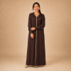 Front view of a chocolate-brown Moroccan djellaba with a textured chevron panel and decorated gathered sleeves