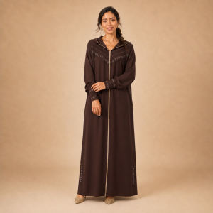 Front view of a chocolate-brown Moroccan djellaba with a textured chevron panel and decorated gathered sleeves