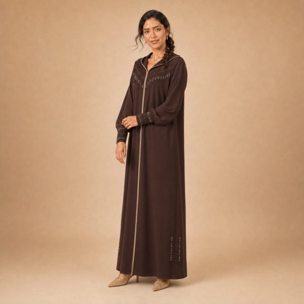 Back view of a chocolate-brown Moroccan djellaba with a pointed hood, beige edging and decorated fitted cuffs