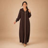 Back view of a chocolate-brown Moroccan djellaba with a pointed hood, beige edging and decorated fitted cuffs