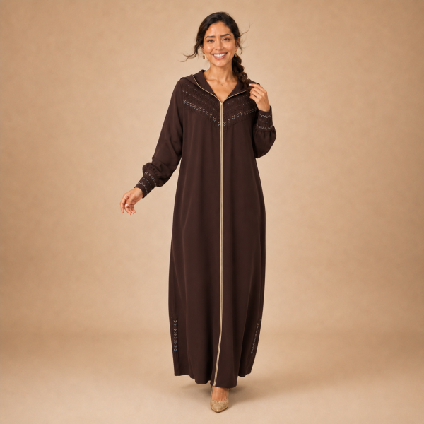 Back view of a chocolate-brown Moroccan djellaba with a pointed hood, beige edging and decorated fitted cuffs