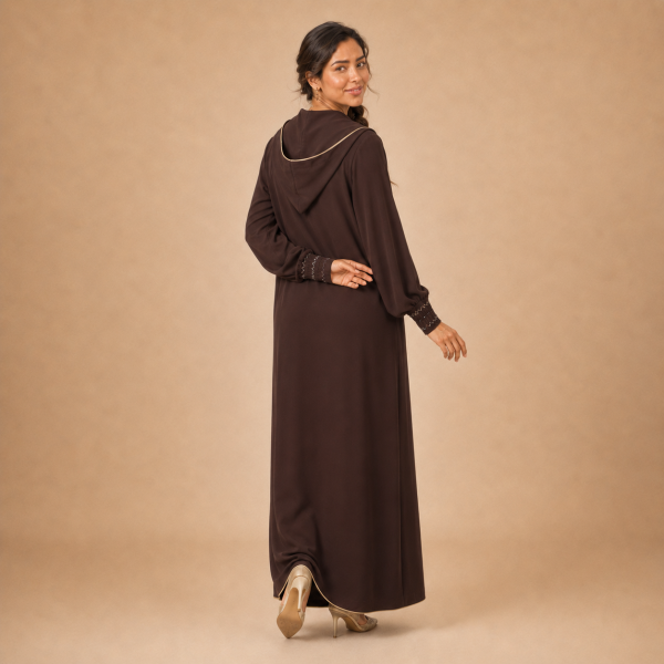 Back view of a chocolate-brown Moroccan djellaba with a pointed hood, beige edging and decorated fitted cuffs