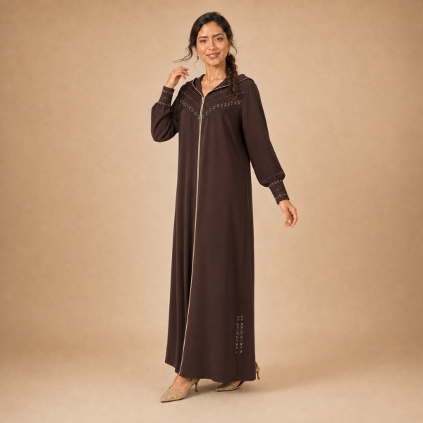 Back view of a chocolate-brown Moroccan djellaba with a pointed hood, beige edging and decorated fitted cuffs