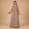 Front view of a warm taupe Moroccan djellaba with burgundy botanical embroidery and ornamental front knots