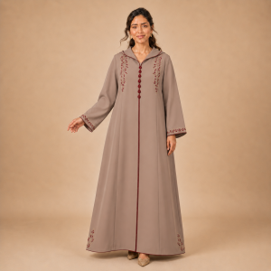Front view of a warm taupe Moroccan djellaba with burgundy botanical embroidery and ornamental front knots