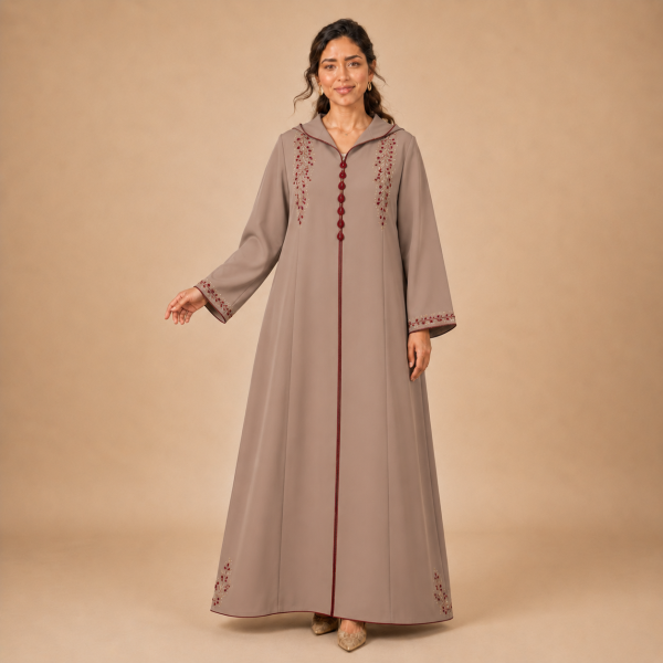 Front view of a warm taupe Moroccan djellaba with burgundy botanical embroidery and ornamental front knots