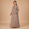 Back view of a warm taupe Moroccan djellaba with a pointed hood, burgundy edging and embroidered sleeve openings