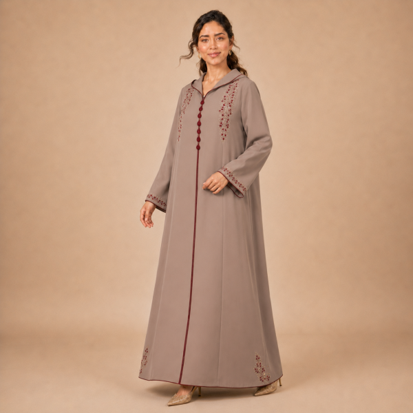 Back view of a warm taupe Moroccan djellaba with a pointed hood, burgundy edging and embroidered sleeve openings