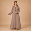 Back view of a warm taupe Moroccan djellaba with a pointed hood, burgundy edging and embroidered sleeve openings