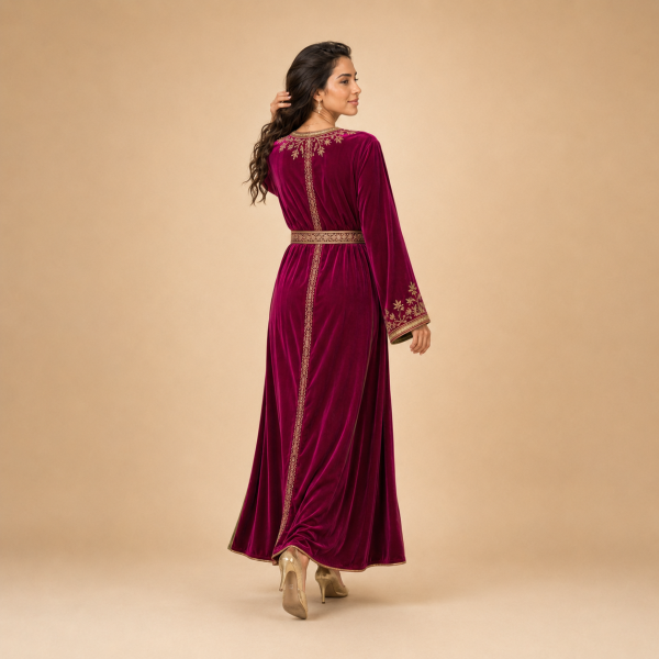 Side-angle view of the deep magenta Moroccan caftan showing its flowing silhouette and gold-trimmed cuffs