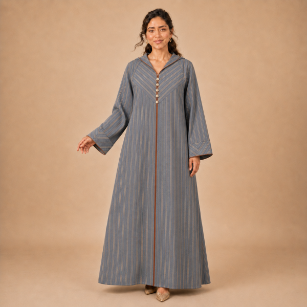 Front view of a blue-grey striped Moroccan djellaba with a chevron chest panel and broad geometric cuffs
