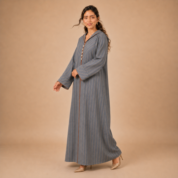 Back view of a blue-grey striped Moroccan djellaba with a pointed hood and broad directional-stripe cuffs