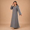 Back view of a blue-grey striped Moroccan djellaba with a pointed hood and broad directional-stripe cuffs