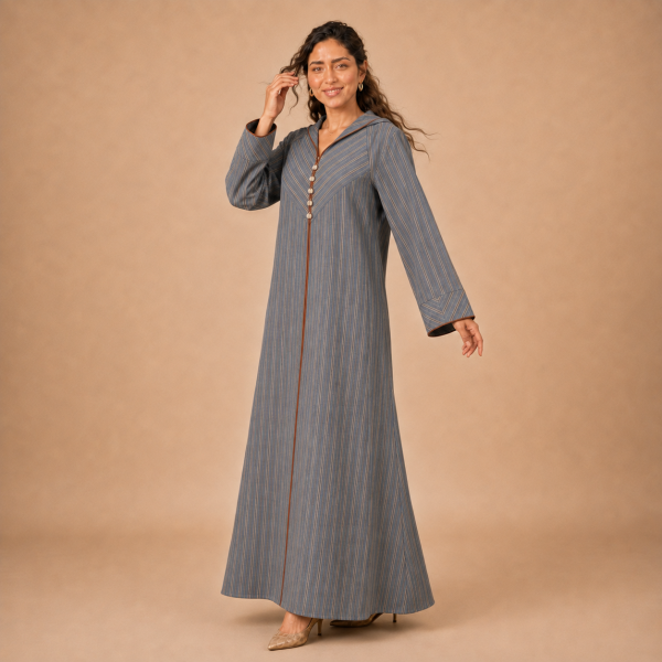 Back view of a blue-grey striped Moroccan djellaba with a pointed hood and broad directional-stripe cuffs