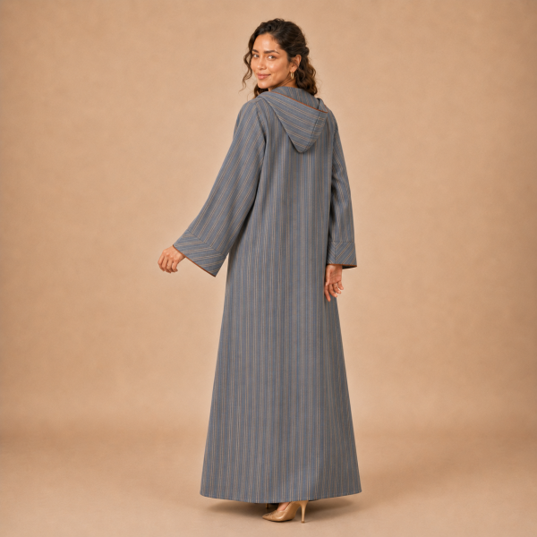 Back view of a blue-grey striped Moroccan djellaba with a pointed hood and broad directional-stripe cuffs