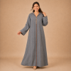Back view of a blue-grey striped Moroccan djellaba with a pointed hood and broad directional-stripe cuffs