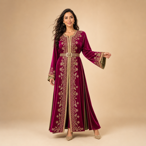 Back view of the deep magenta Moroccan caftan with gold detailing and a coordinating waist belt