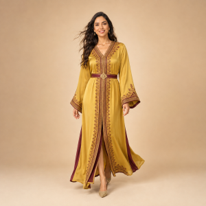 Front view of a golden mustard Moroccan caftan with burgundy detailing and a matching waist belt