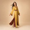 Back view of a golden mustard Moroccan caftan with wide decorated cuffs and burgundy side panels