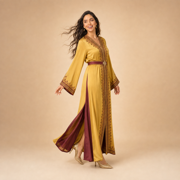 Back view of a golden mustard Moroccan caftan with wide decorated cuffs and burgundy side panels
