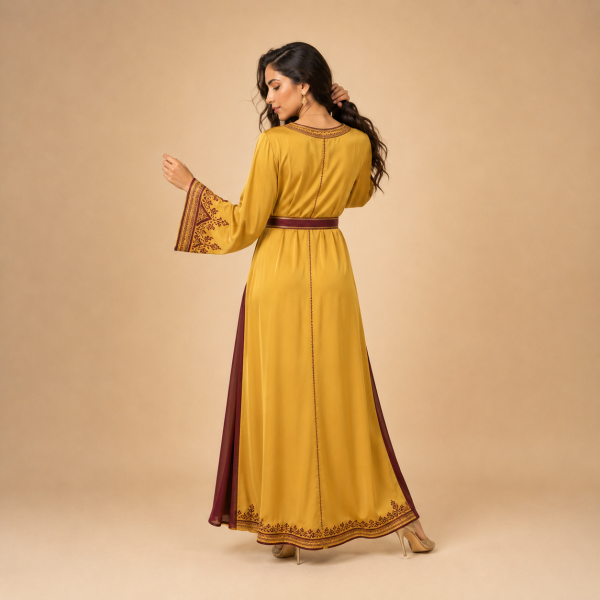 Back view of a golden mustard Moroccan caftan with wide decorated cuffs and burgundy side panels