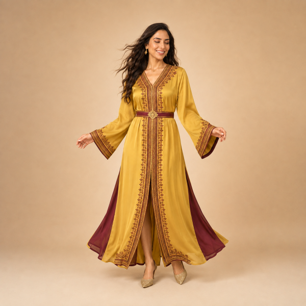 Back view of a golden mustard Moroccan caftan with wide decorated cuffs and burgundy side panels