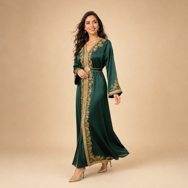 Full-length emerald green Moroccan caftan with gold trim