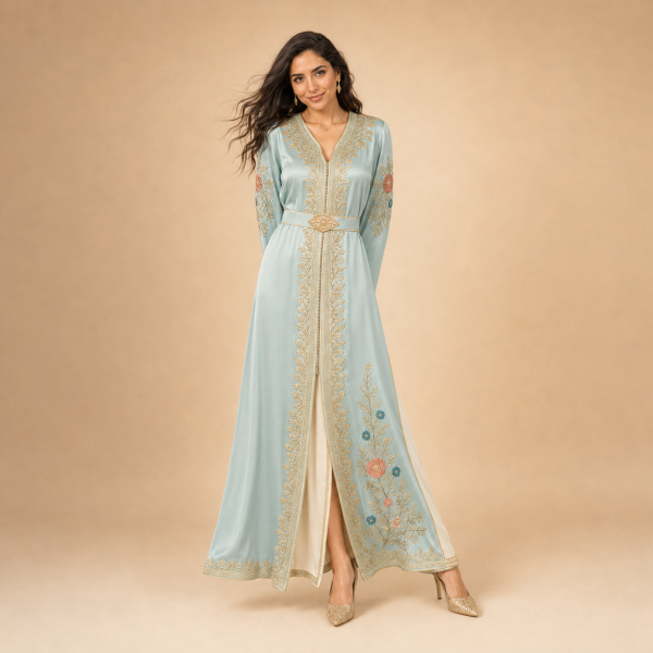 Back view of a powder blue Moroccan caftan with floral details, decorated sleeves and a matching belt