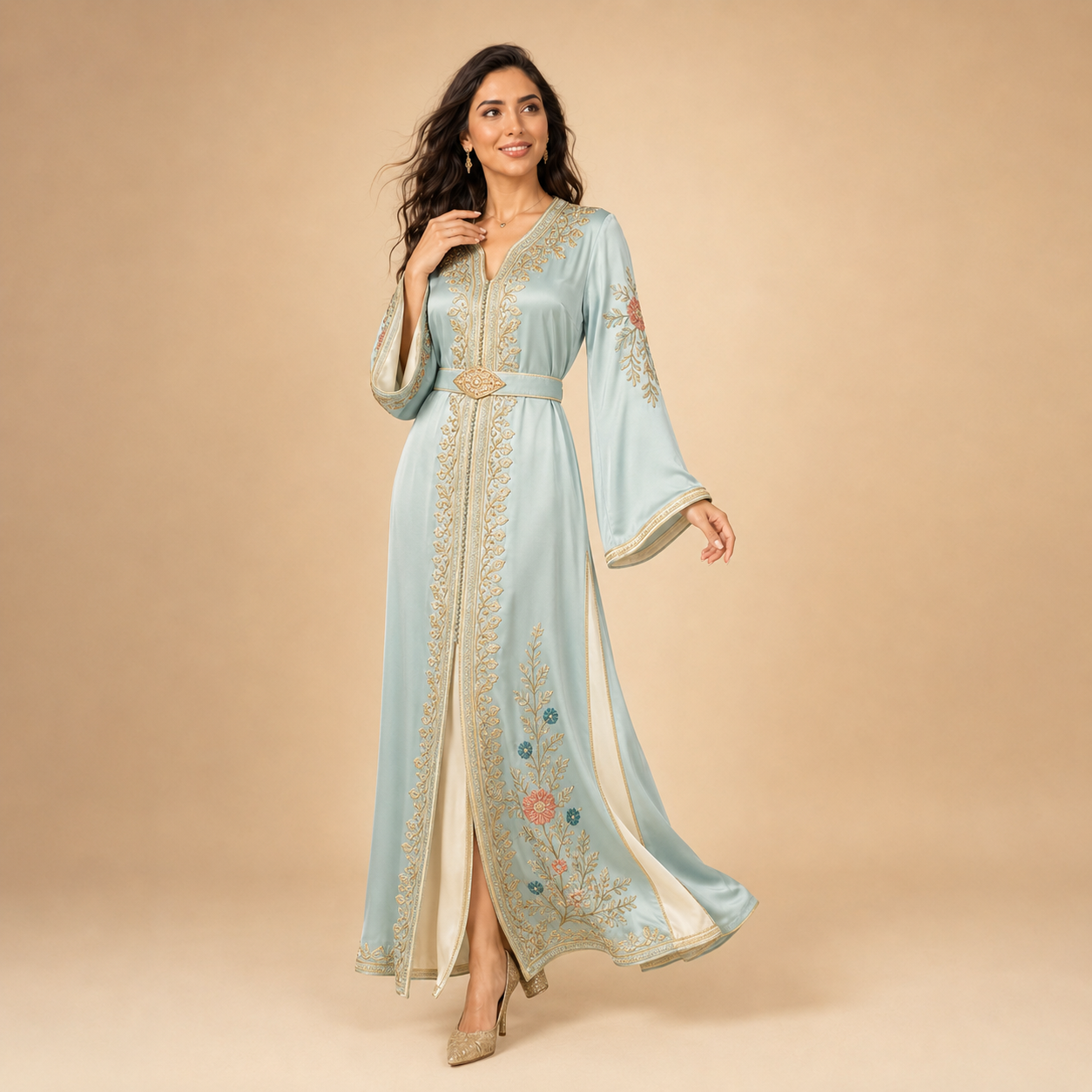 Full-length powder blue Moroccan caftan showing shoulder, waist, sleeve and hem proportions