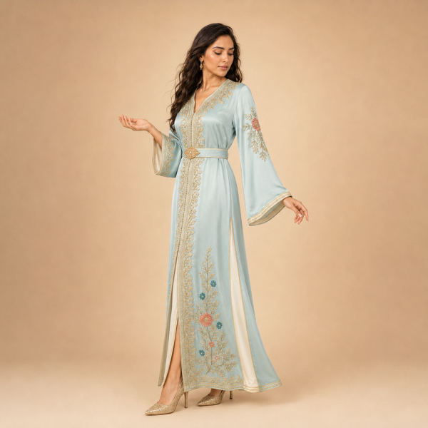 Back view of a powder blue Moroccan caftan with floral details, decorated sleeves and a matching belt